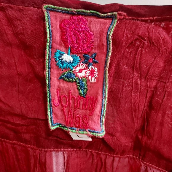 Johnny Was Crimson Red Embroidered Georgette ¾ Sleeve Top - Picture 2 of 7